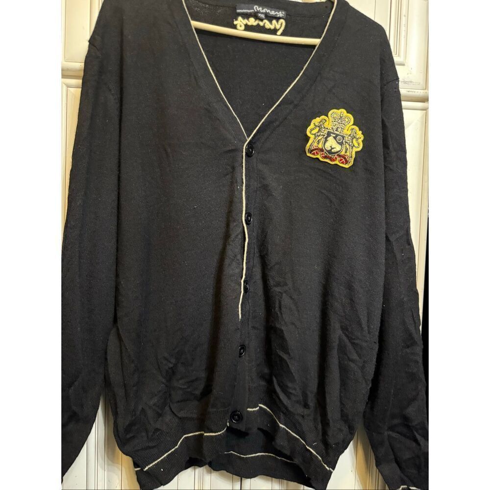 Money Men's Crest Logo V-Neck Button Front Cardigan Sweater Black Size XXL